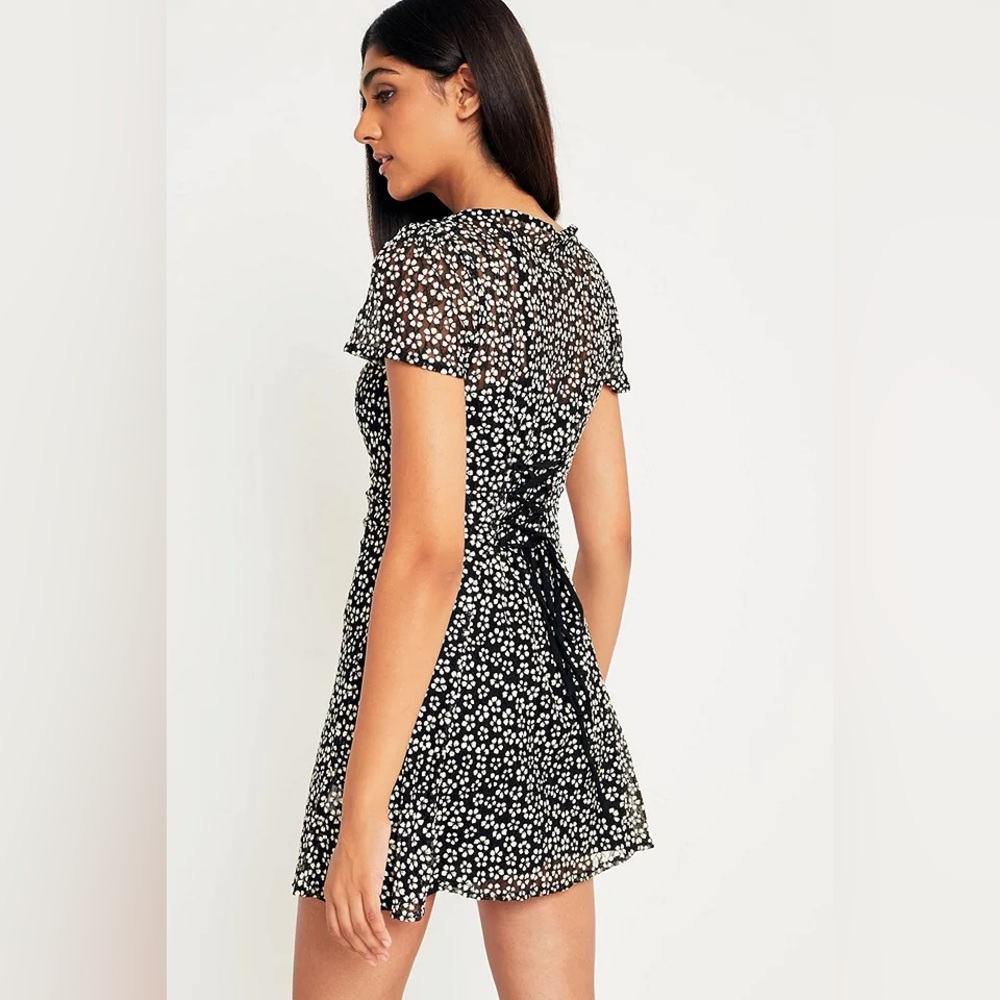 Urban Outfitters Floral Button Lace Corset-Back Black & White Sheer Mini Dress L